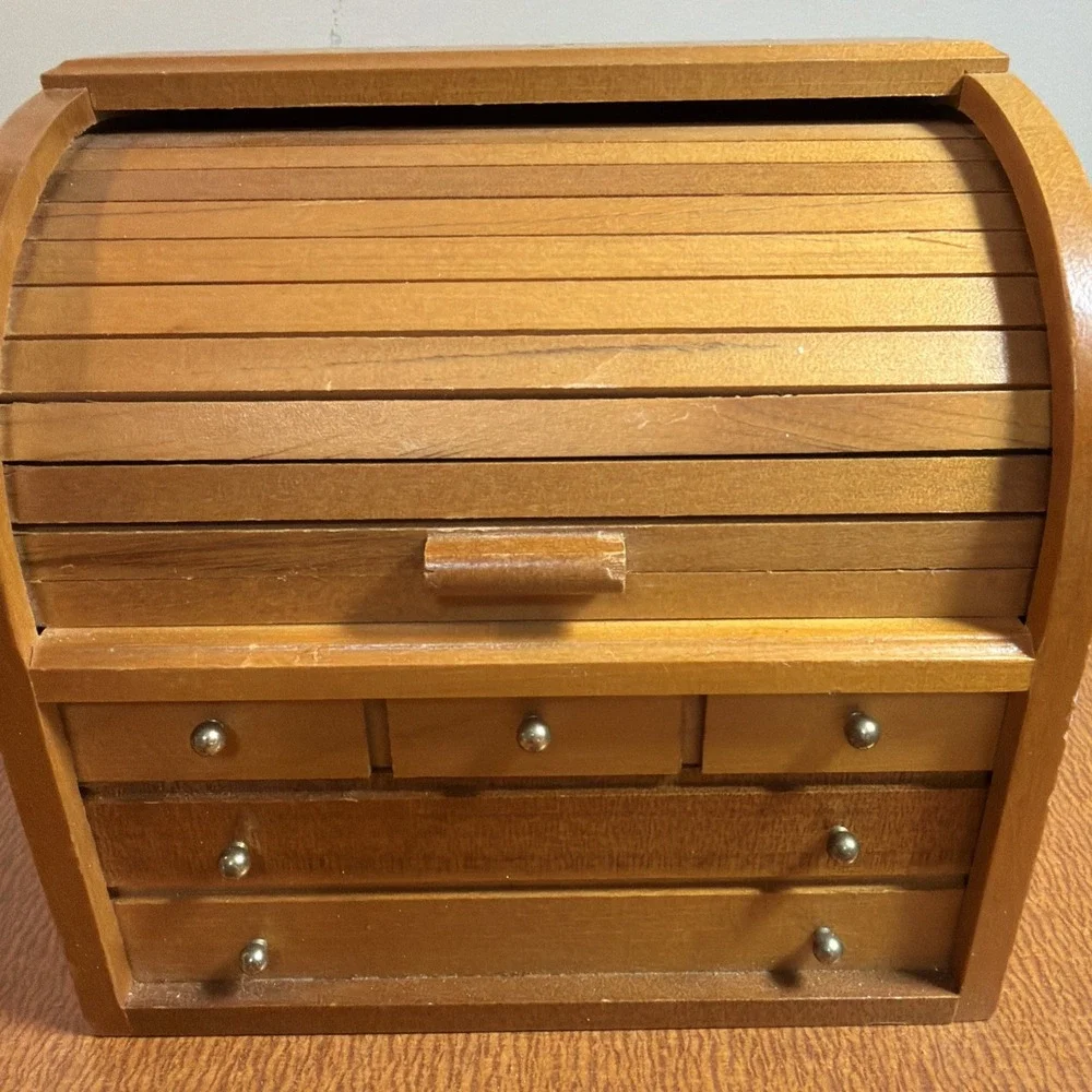 Vintage Wooden Roll Top Jewelry Box Mini Desk Organizer Drawers Made in Taiwan